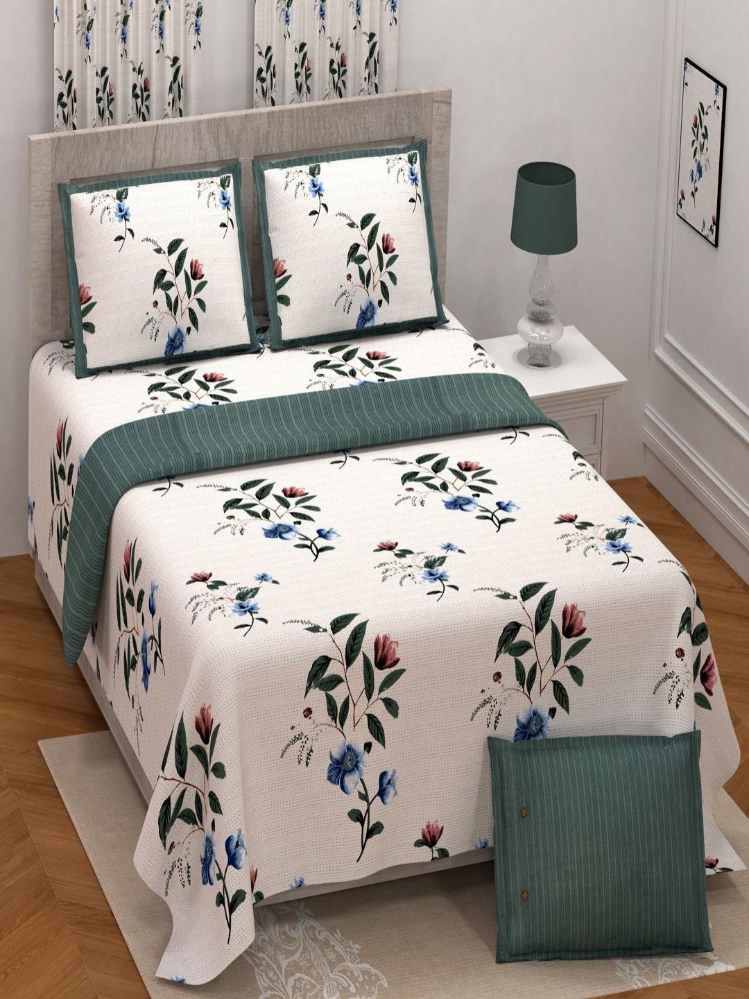 Myntra Elegant Homes Blue & White Floral 250 TC King Bedsheet with 2 Pillow Covers-picture-21