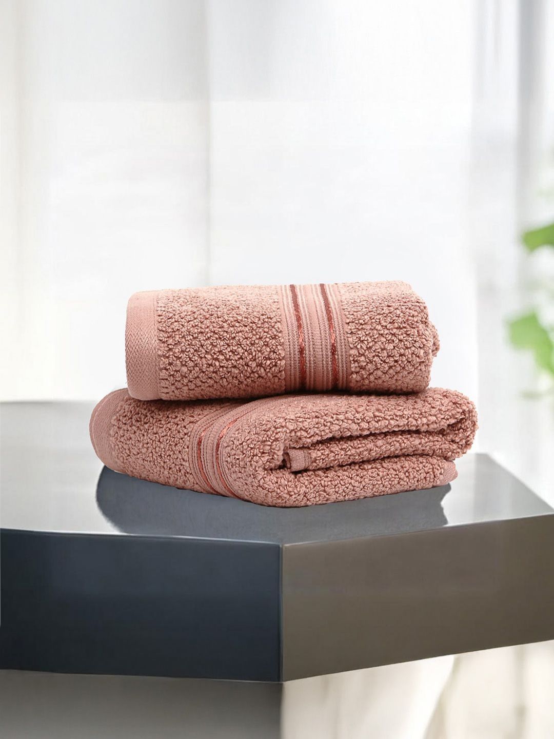 LANE LINEN 2Pcs Peach-Colored Textured 575 GSM Pure Cotton Hand Towels-image-30