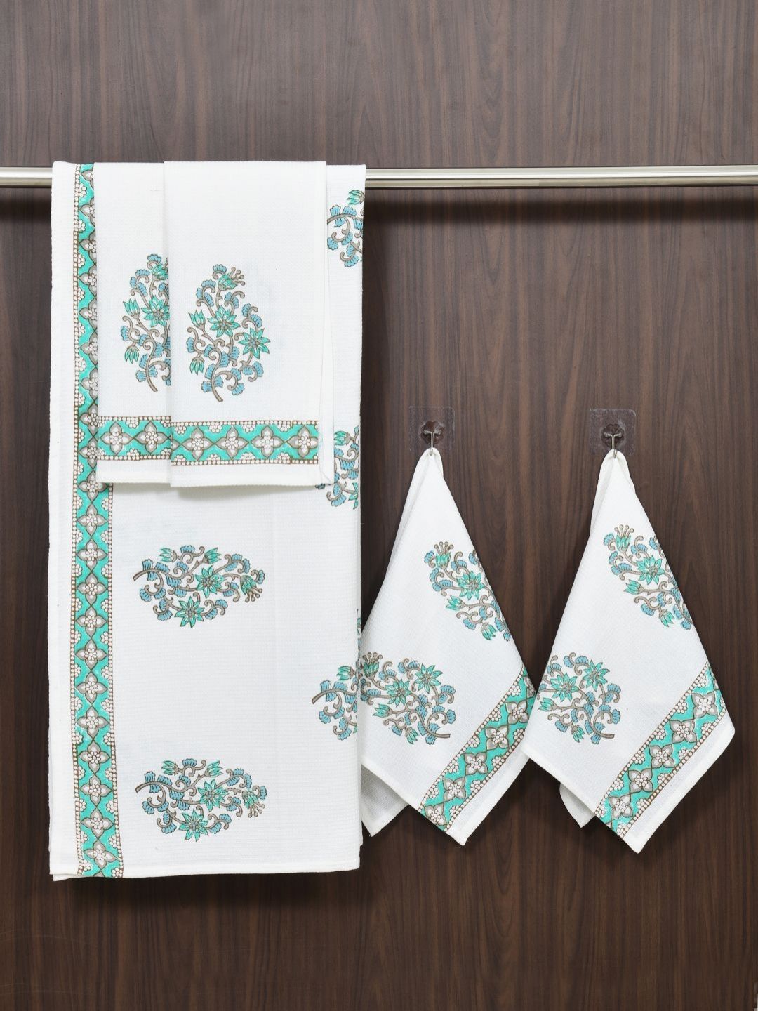 BLOCKS OF INDIA Green & White 5 Piece Printed Cotton 210 GSM Towel Set-picture-12