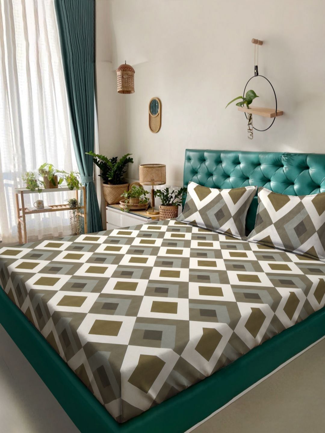 Aura Green & Beige Geometric 300 TC King Bedsheet with 2 Pillow Covers-picture-16