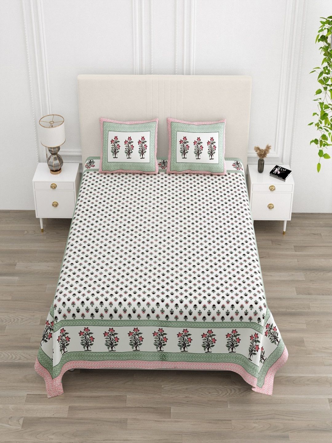 tundwal's White & Pink Floral Printed Cotton 210 TC King Bedsheet Set 2.28 m x 2.74 m-picture-37