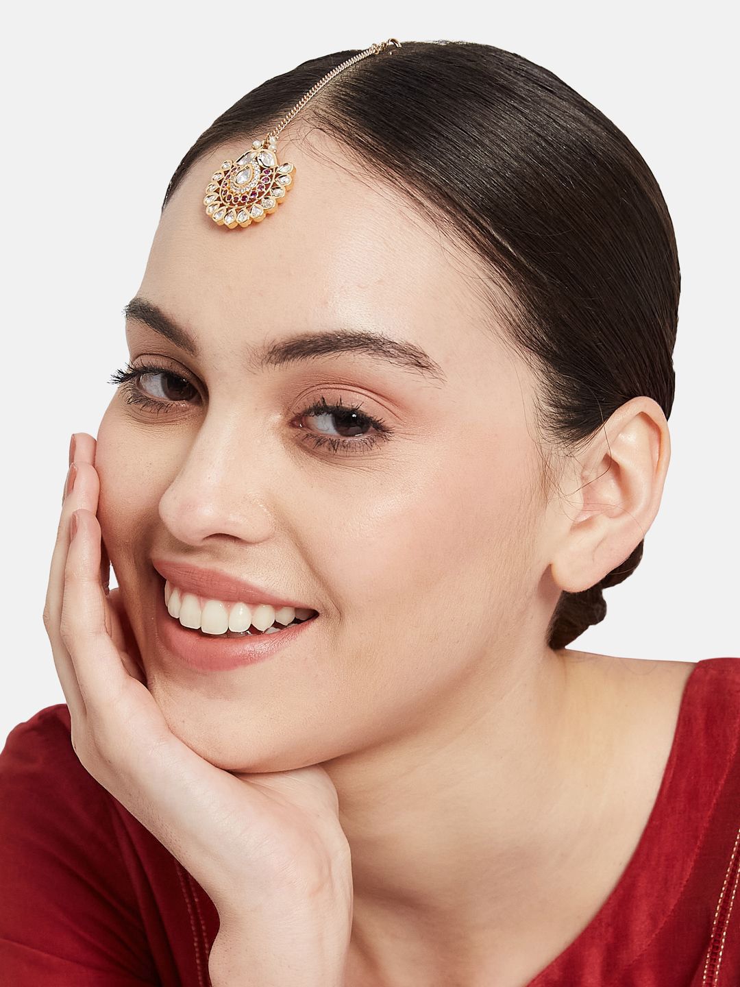 ATIBELLE Rose Gold-Plated Kundan Studded Meenakari Maang Tikka