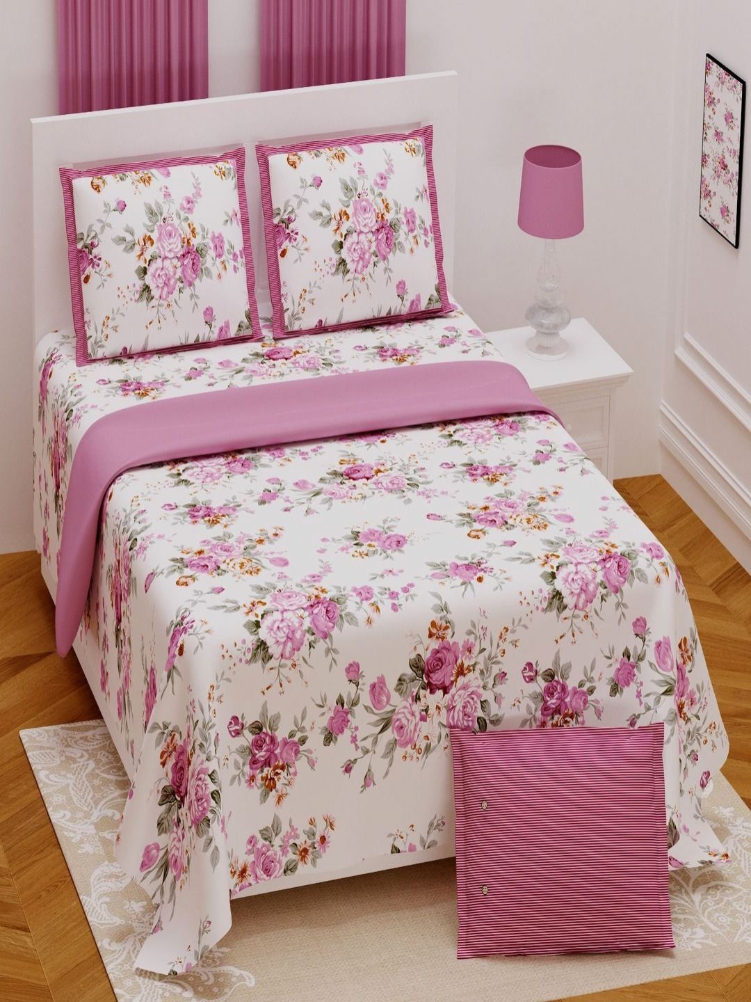 Myntra Elegant Homes Pink & White Floral 250 TC King Bedsheet with 2 Pillow Covers-picture-30