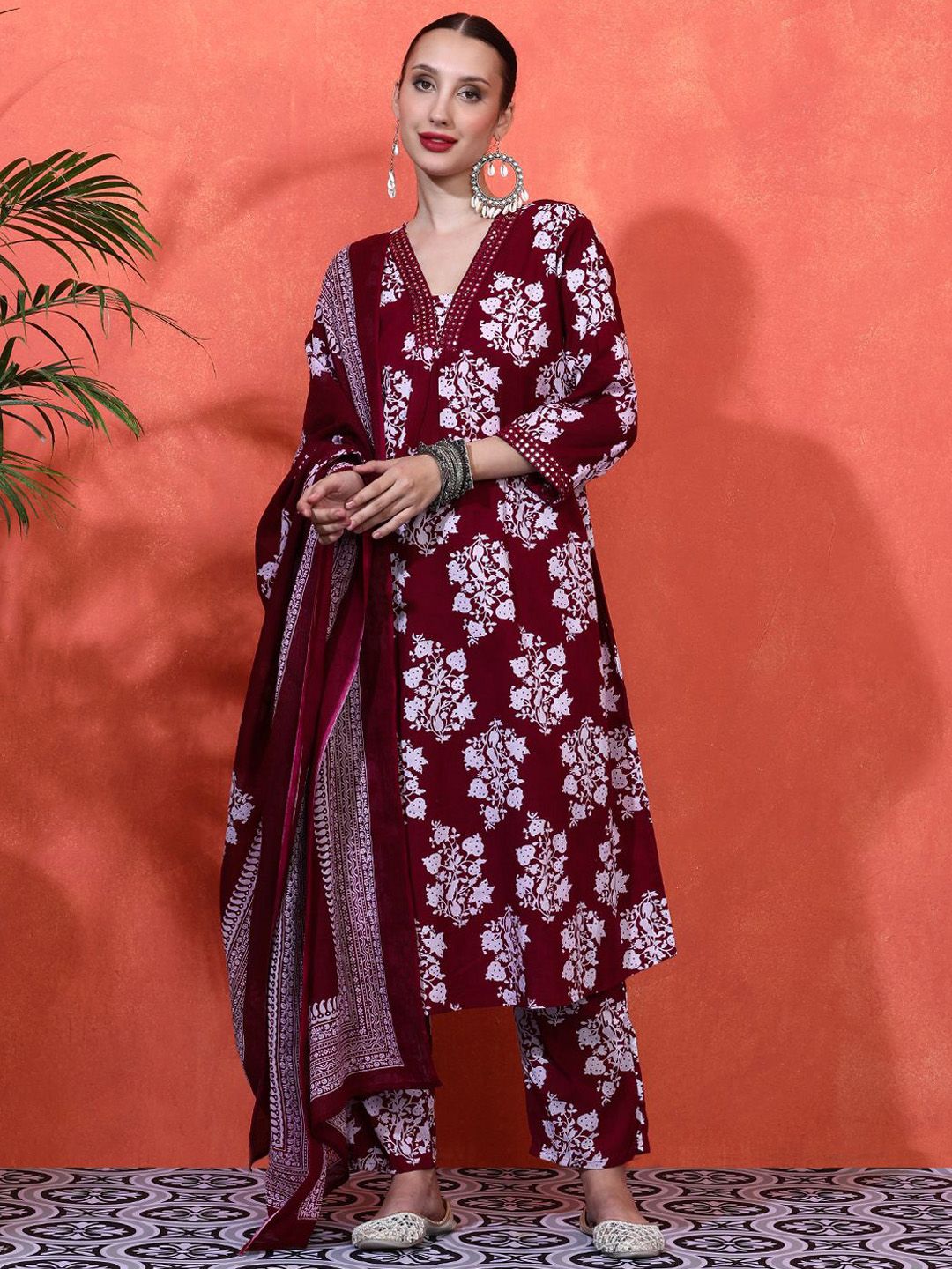 Sangria Floral Embroidered A-Line Pure Cotton Kurta With Trousers & Dupatta