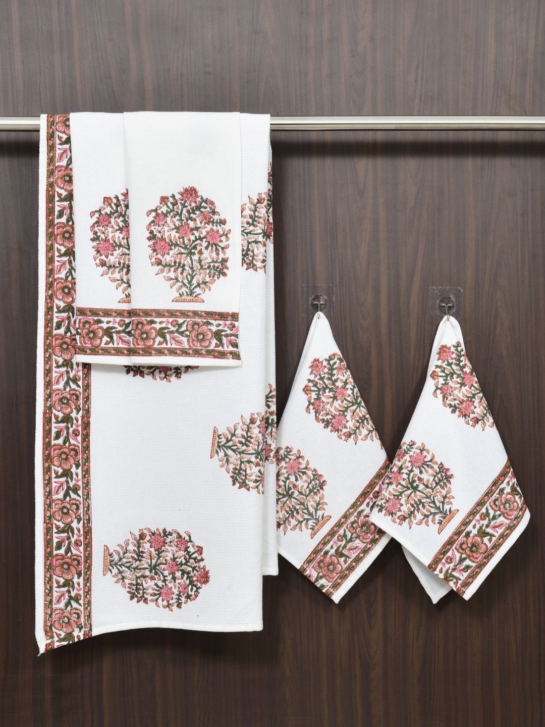 BLOCKS OF INDIA Peach-Coloured & White 5 Piece Printed Cotton 210 GSM Towel Set-image-36
