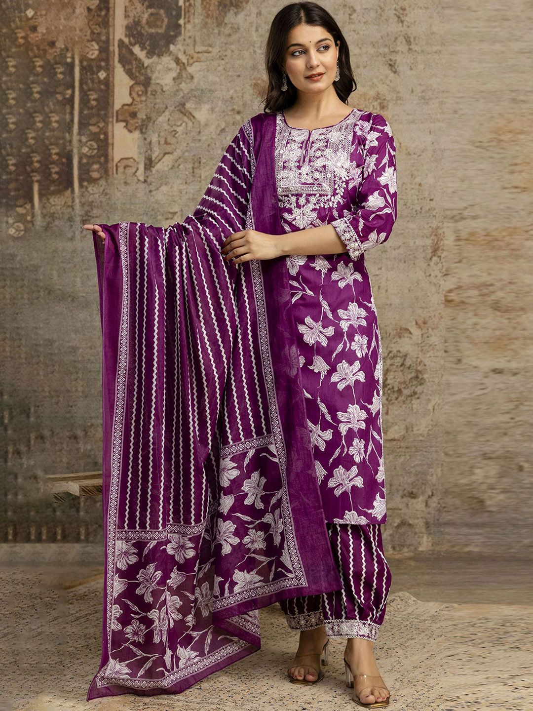 Moda Rapido Women Embroidered Regular Pure Cotton Kurta with Dhoti Pants & With Dupatta