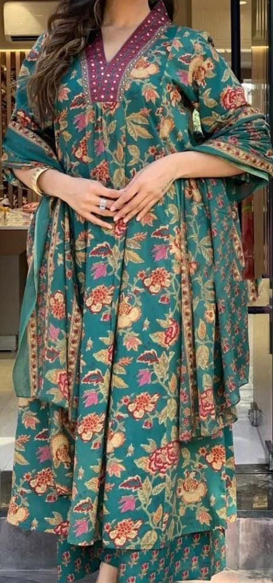 Women's Blue Floral Printed Regular Mirror Work Kurta Set With Dupatta