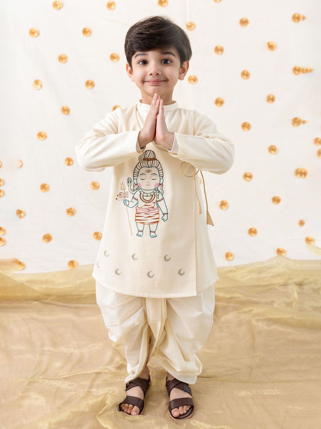 Tiber Taber Boys Ethnic Motifs Embroidered Angrakha Thread Work Pure Cotton Kurta with Dhoti Pants-picture-16