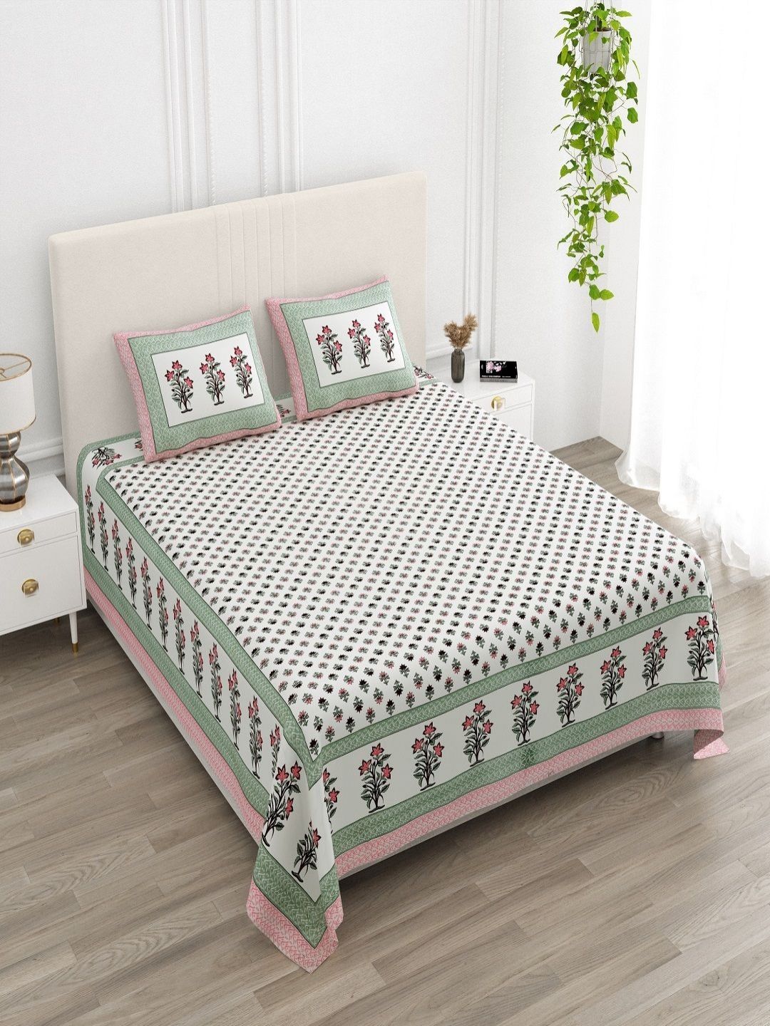 CHICERY White & Green Floral 210 TC King Bedsheet with 2 Pillow Covers-picture-29