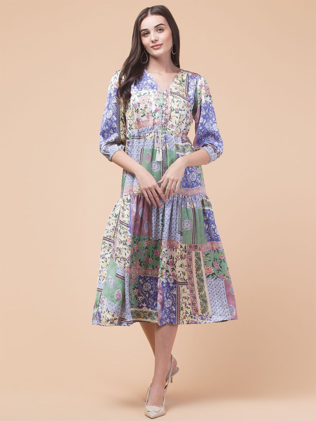 Satin Digital Floral Printed A-Line Midi Dress – Women’s Casual & Semi-Formal Wear (L to 2XL)