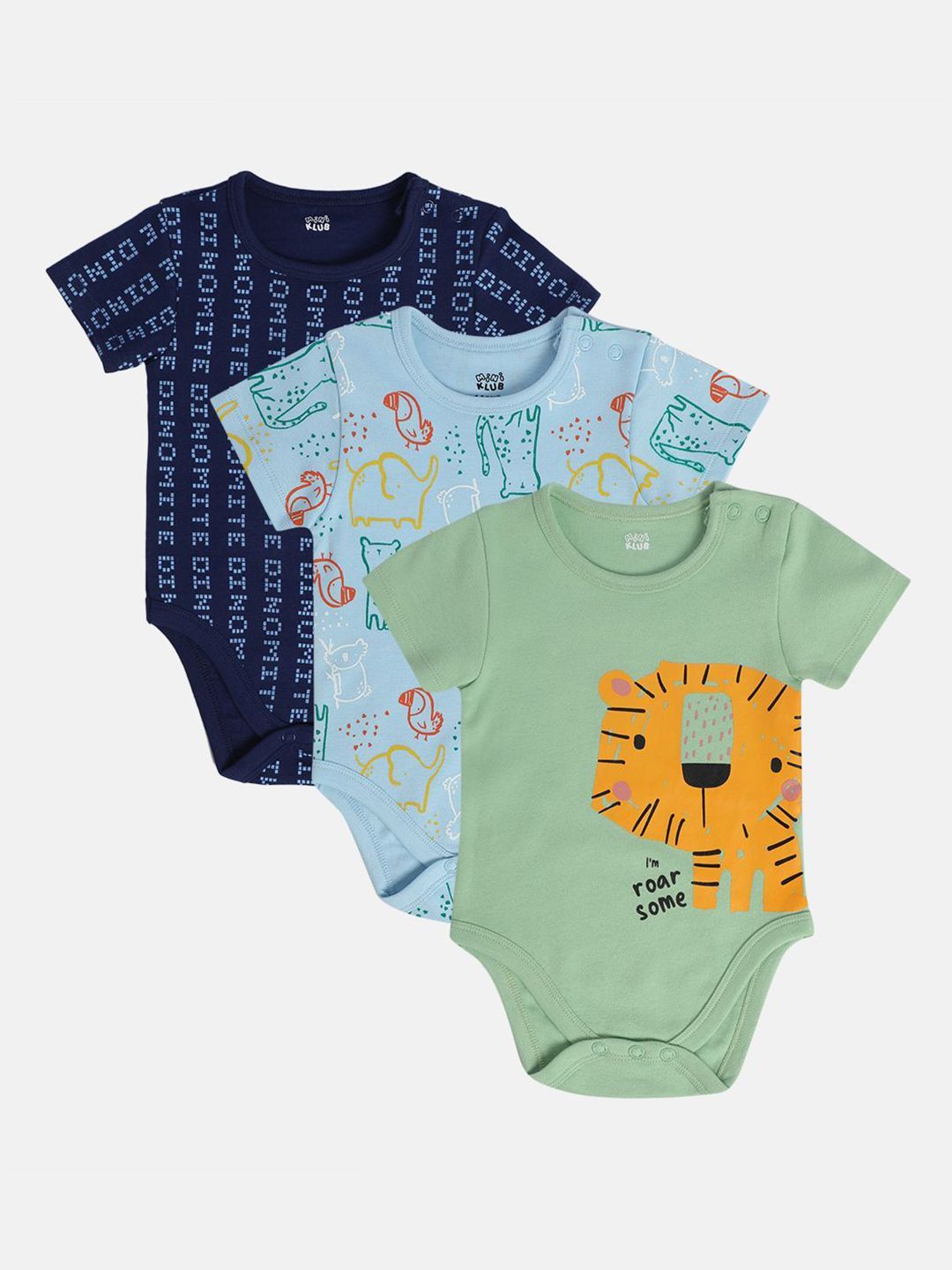 MINI KLUB Infant Boys Pack Of 3 Printed Pure Cotton Bodysuits-picture-35