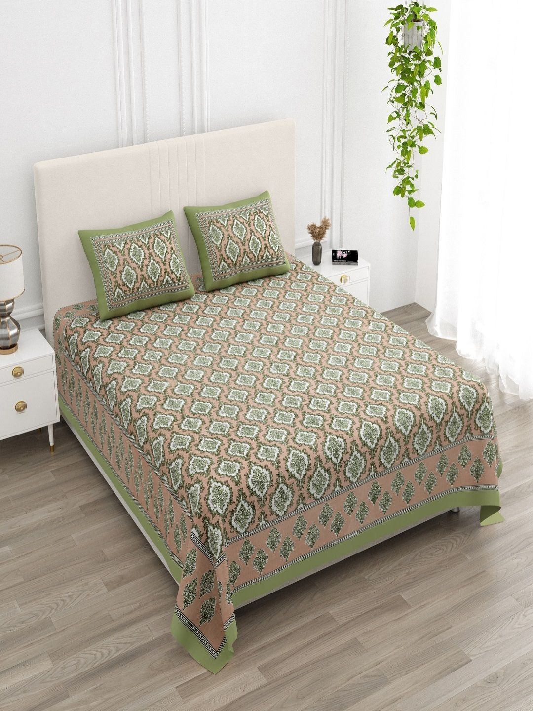 CHICERY Green & Peach-Coloured Floral 210 TC King Bedsheet with 2 Pillow Covers-image-38