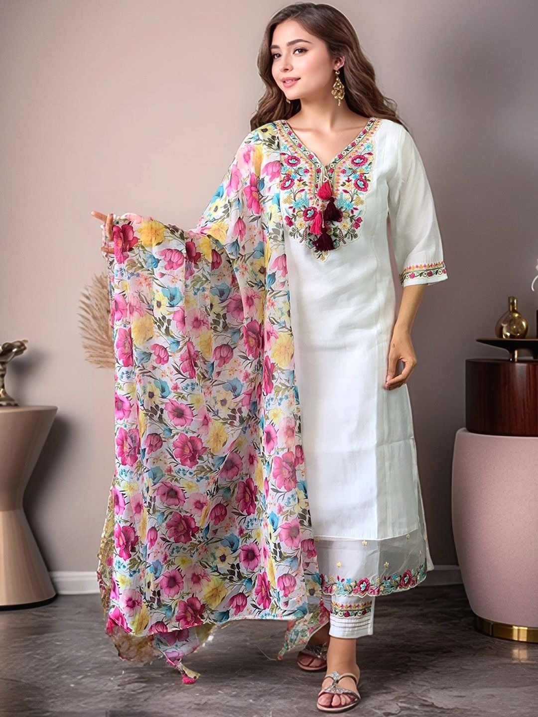 Ethnic Motifs Embroidered Chanderi Cotton A-Line Kurta With Trousers & Dupatta