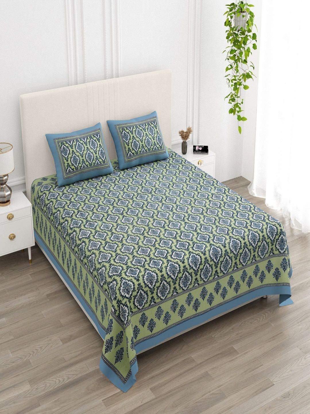 CHICERY Blue & Green Floral 210 TC King Bedsheet with 2 Pillow Covers-picture-12