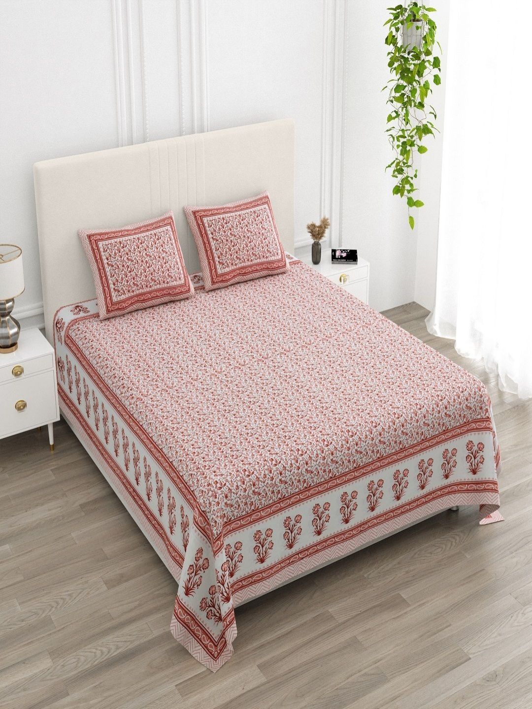 CHICERY Pink & White Ethnic Motifs 210 TC King Bedsheet with 2 Pillow Covers-picture-17