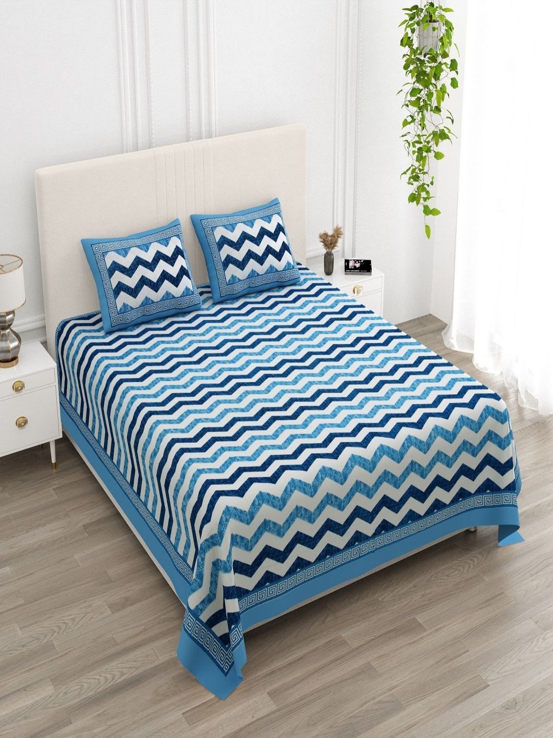 CHICERY Blue & White Geometric 210 TC King Bedsheet with 2 Pillow Covers-image-12