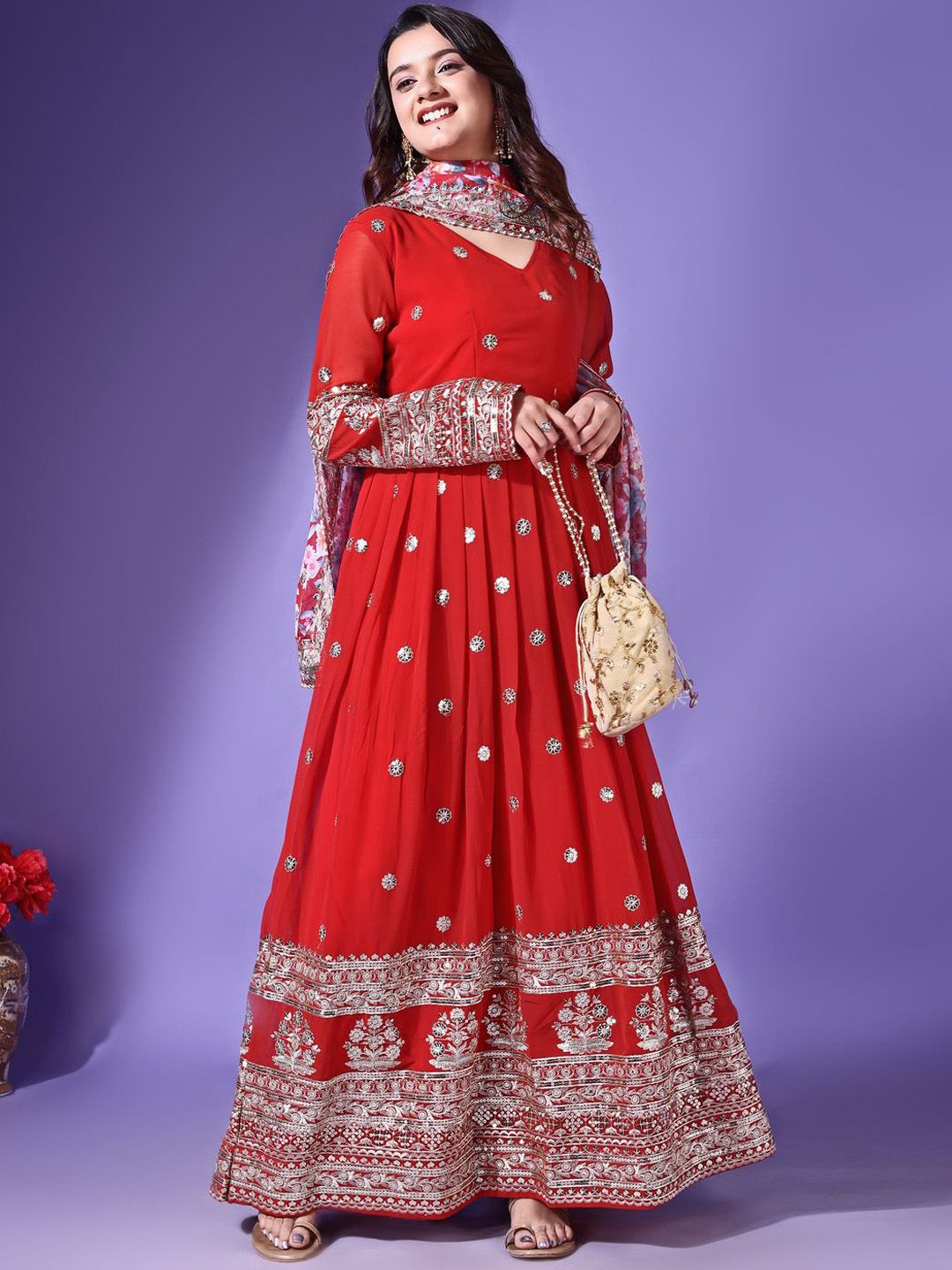 Women Light Red Rayon Printed & Embroidered Work Anarkali Kurta Bottom Dupatta Set main image 0