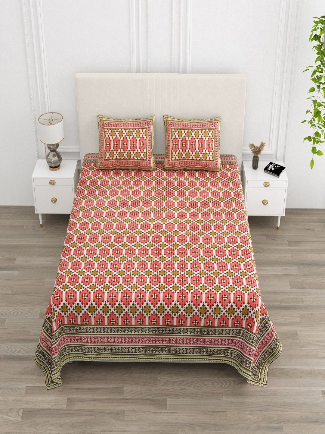 CHICERY Pink & Green Floral 210 TC King Bedsheet with 2 Pillow Covers-picture-12
