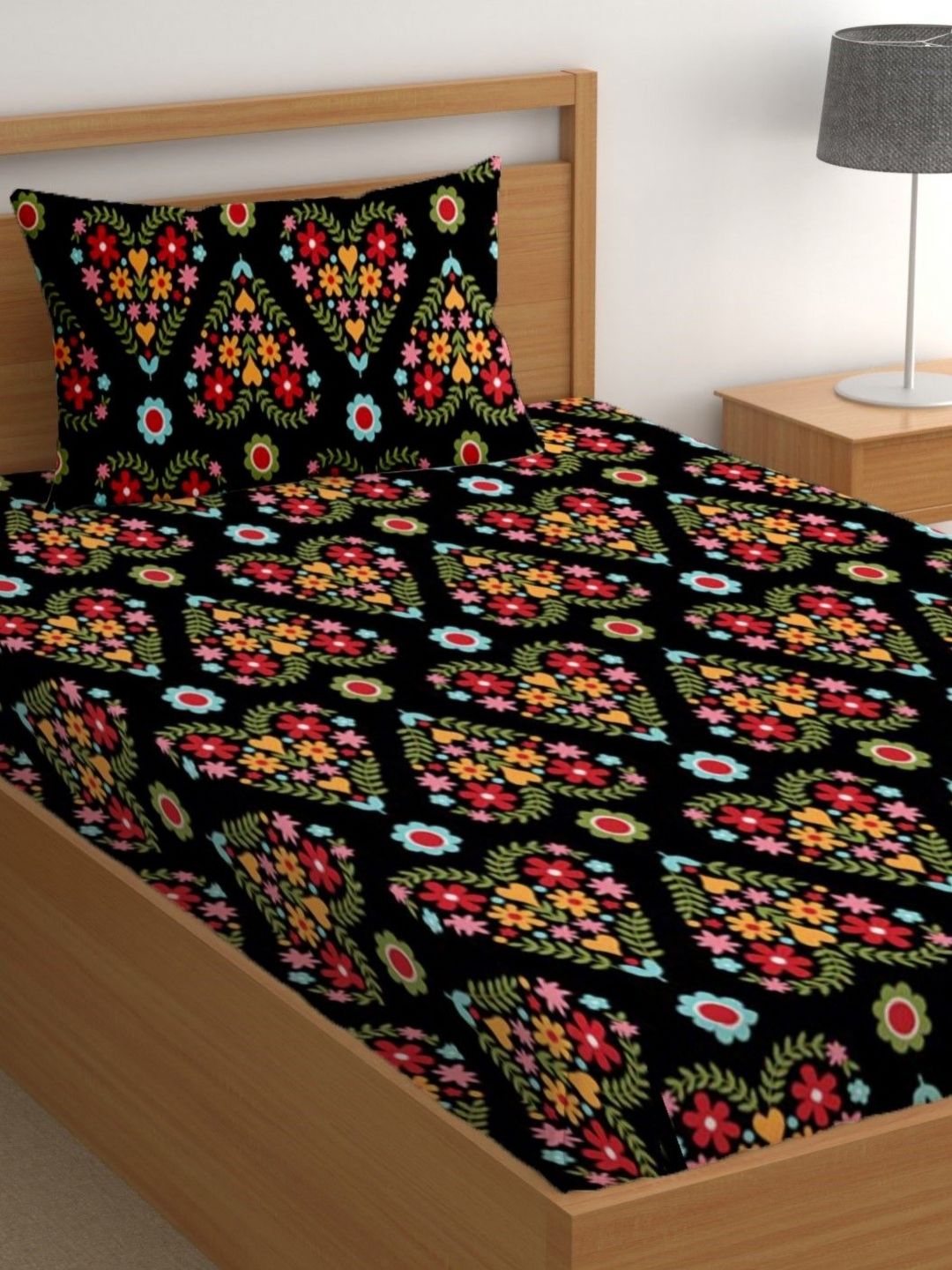 CG HOMES Black & Pink Floral 180 TC Single Bedsheet with 1 Pillow Covers-image-42