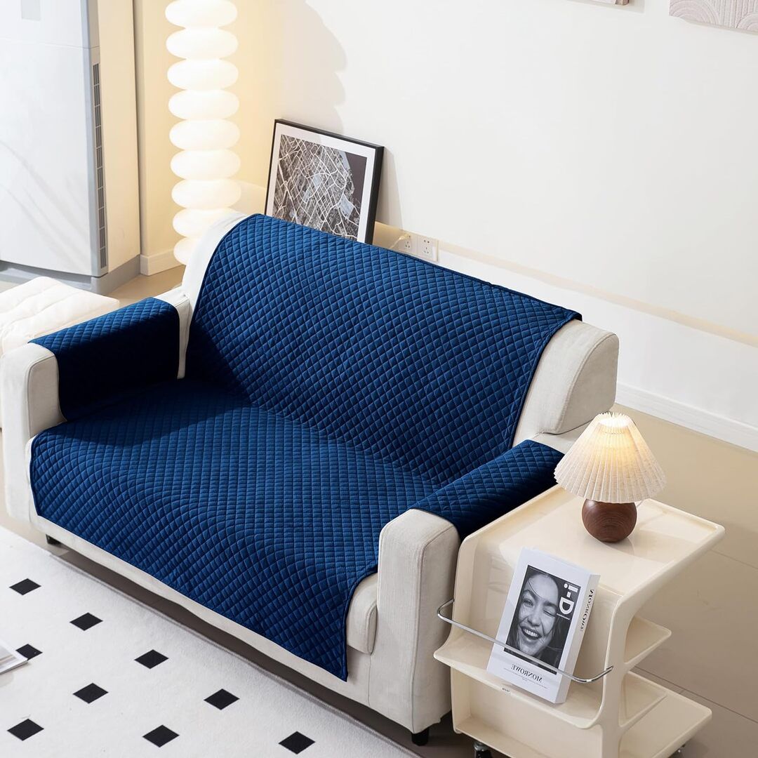 Fashion Throw Navy Blue Checked Velvet 1 Piece Sofa Cover With Arms-picture-32