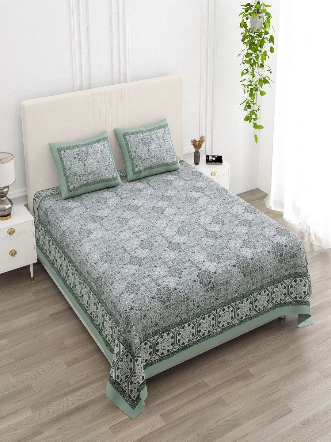 CHICERY Grey & Green Ethnic Motifs 210 TC King Bedsheet with 2 Pillow Covers-picture-25