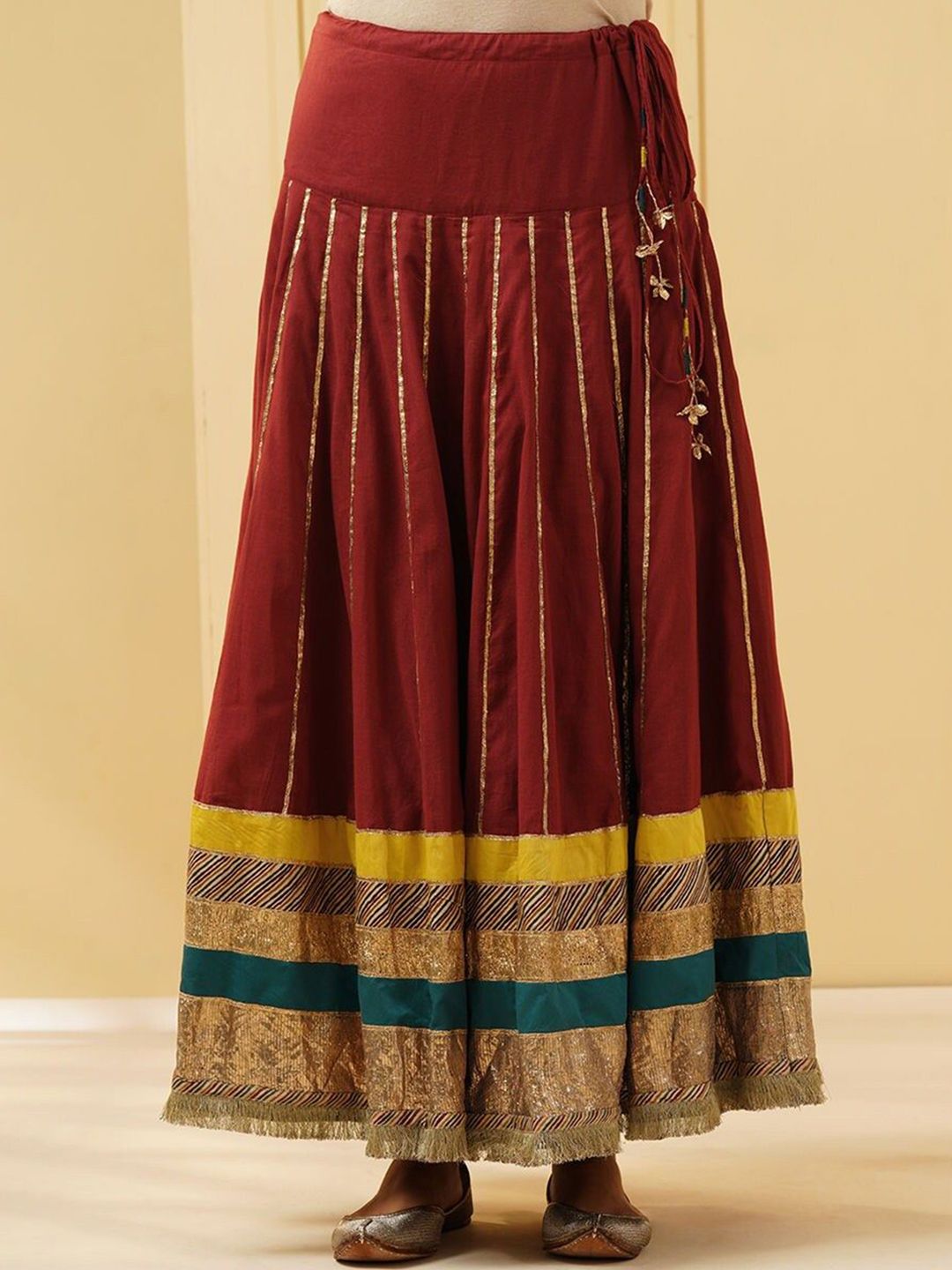JAYPORE Striped Pure Cotton Flared Maxi Skirt-image-44