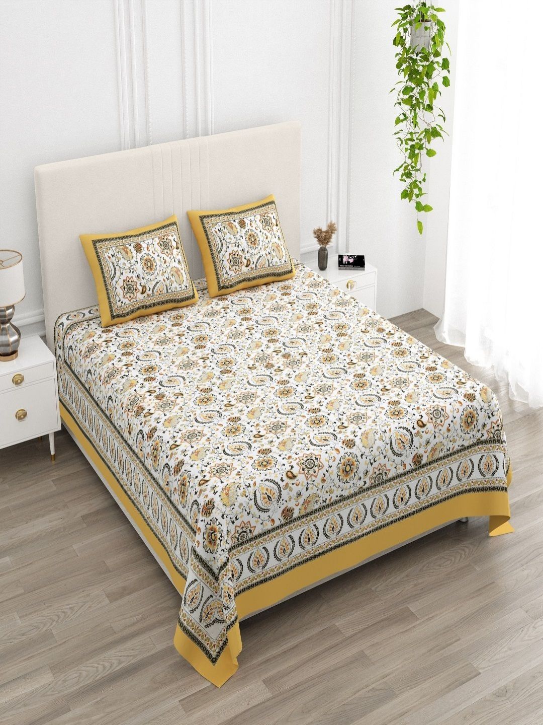 CHICERY White & Yellow Ethnic Motifs 210 TC King Bedsheet with 2 Pillow Covers-picture-43