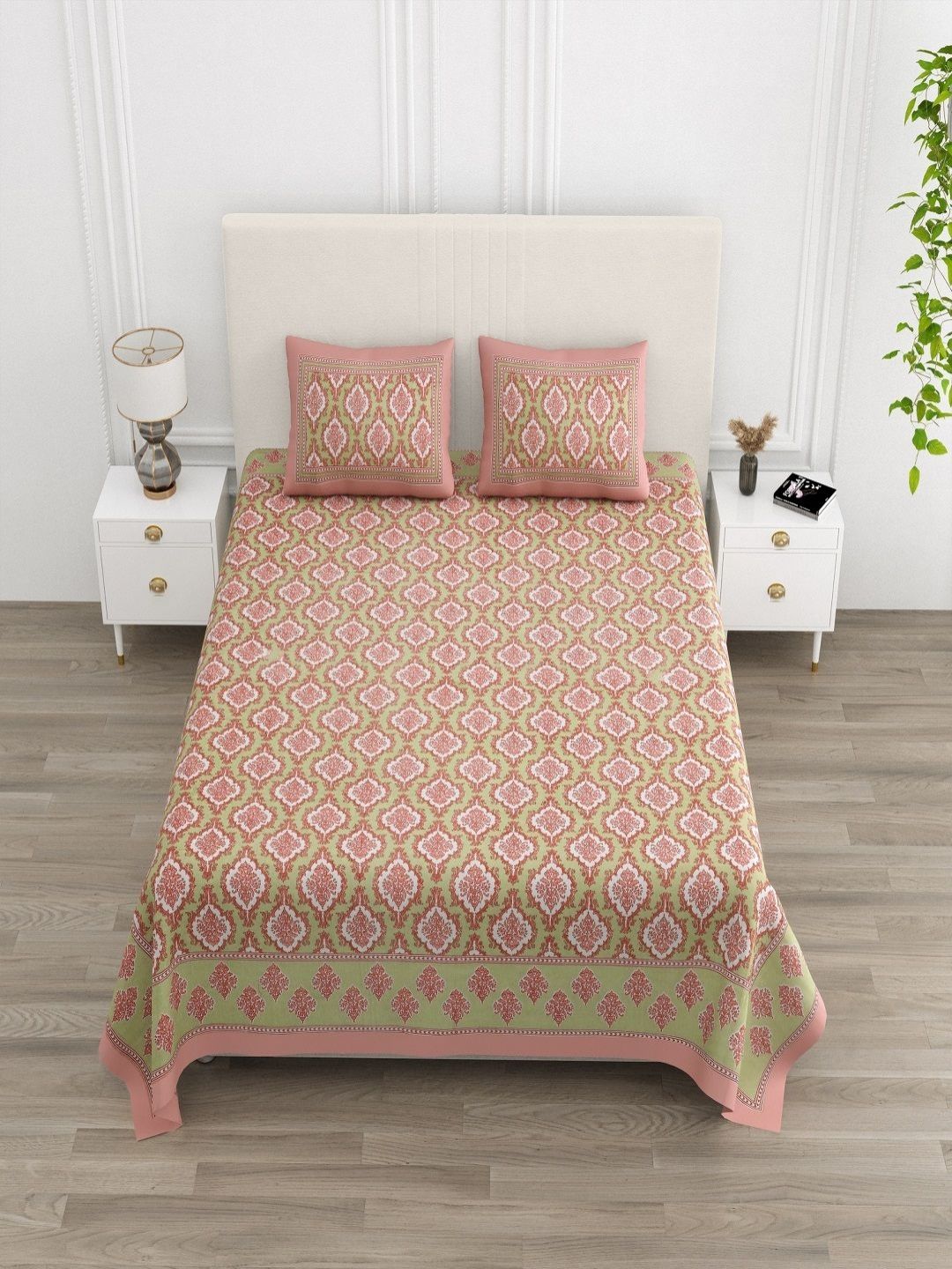 CHICERY Pink & Green Floral 210 TC King Bedsheet with 2 Pillow Covers-picture-38