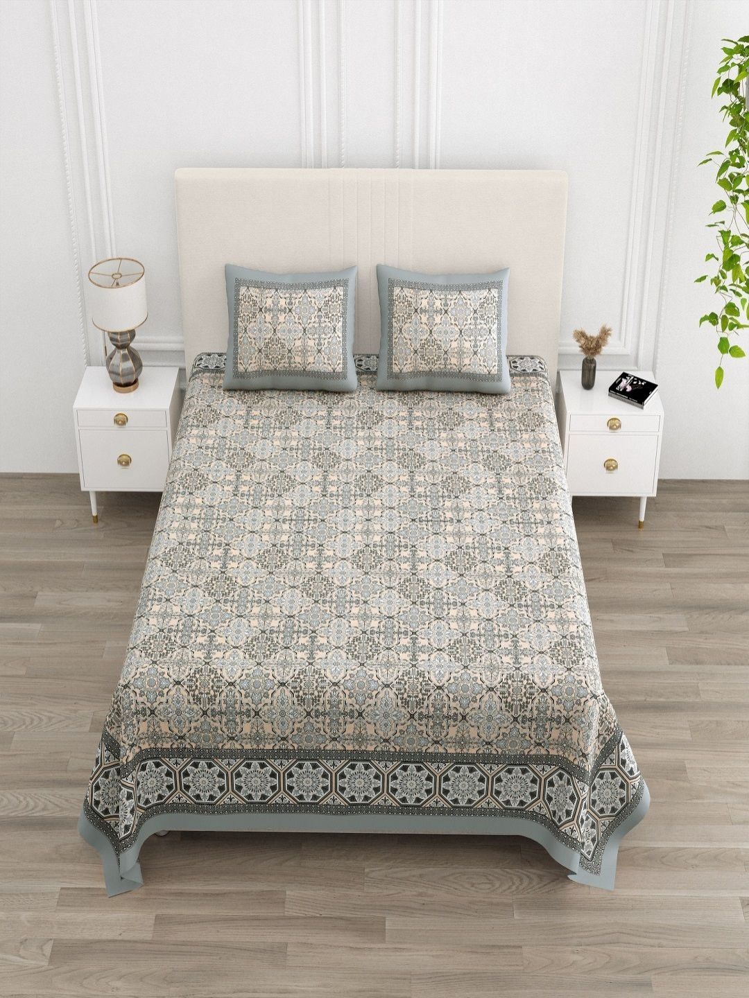 CHICERY Beige & Grey Ethnic Motifs 210 TC King Bedsheet with 2 Pillow Covers-picture-15