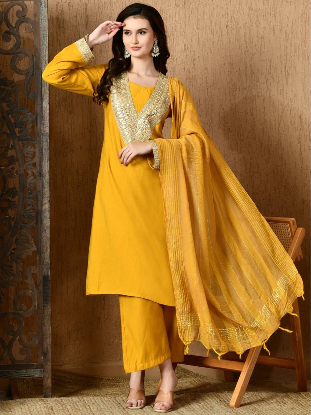 Sangria Embellished Straight Round Neck Long Sleeves Kurta & Trousers With Dupatta-picture-14