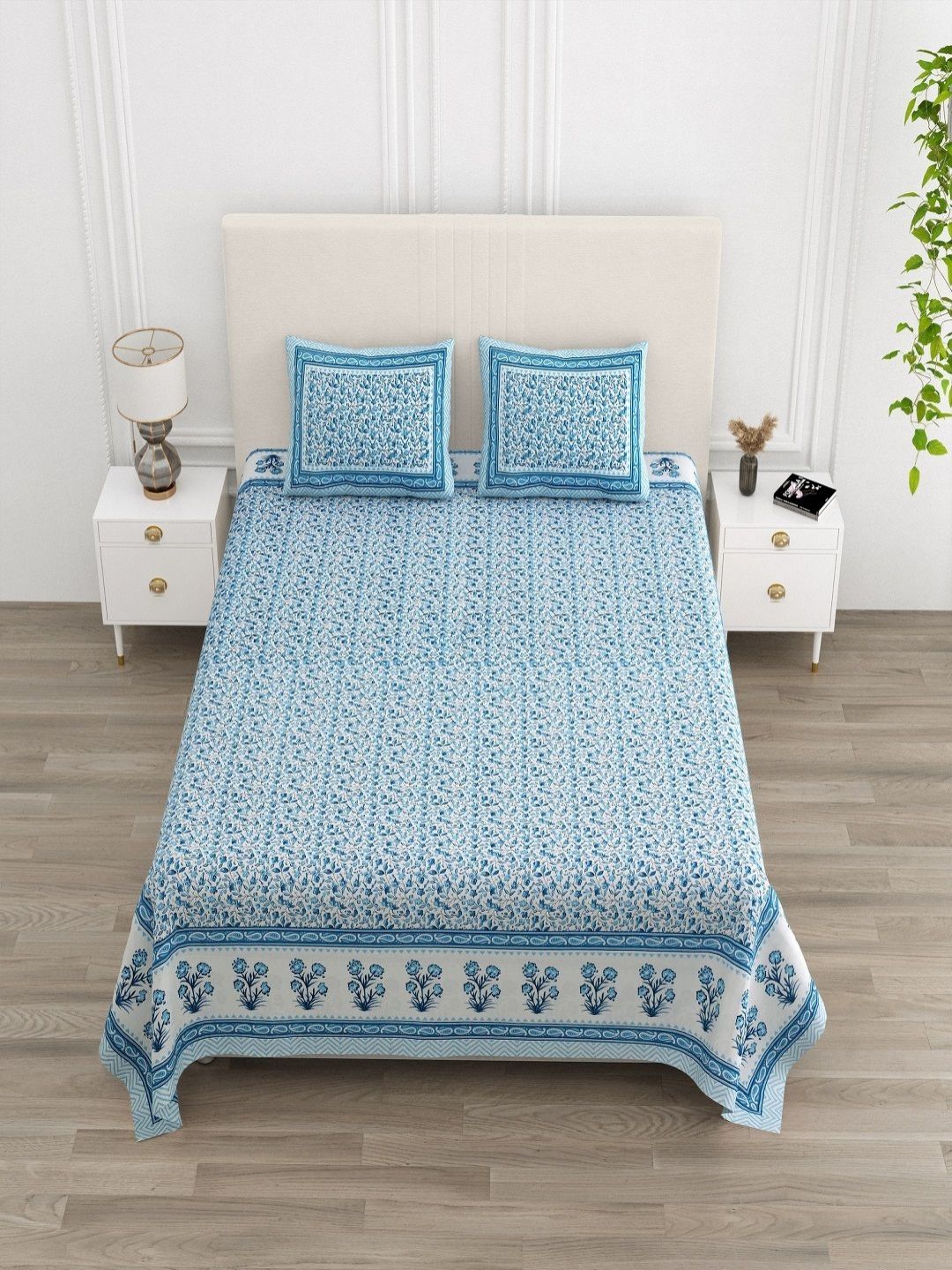 CHICERY Blue & White Floral 210 TC King Bedsheet with 2 Pillow Covers-picture-30