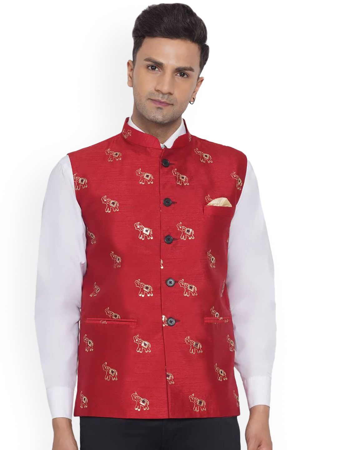VEERA PARIDHAAN Jacquard Silk Printed Mandarin Collar Nehru Jacket-image-7