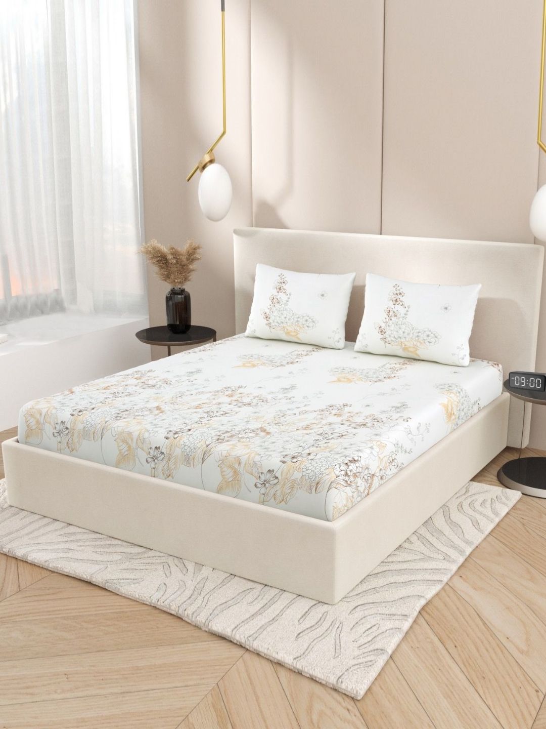 Jaipur Weaves Cream-Coloured & Grey Floral King Bedsheet with 2 Pillow Covers-picture-16