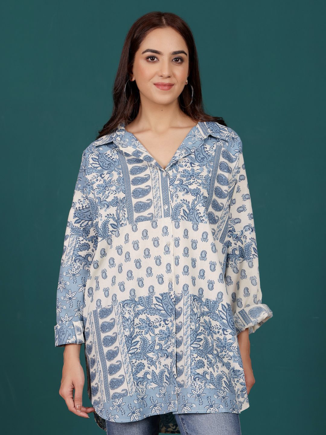 Varanga Print Cotton Shirt Style Longline Top-picture-13