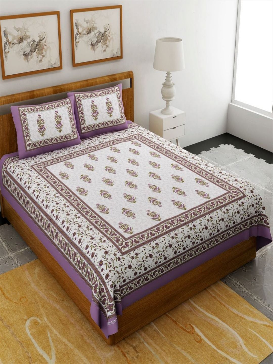 Myntra Elegant Homes Purple & White Ethnic Motifs 120 TC Queen Bedsheet with 2 Pillow Covers-picture-24