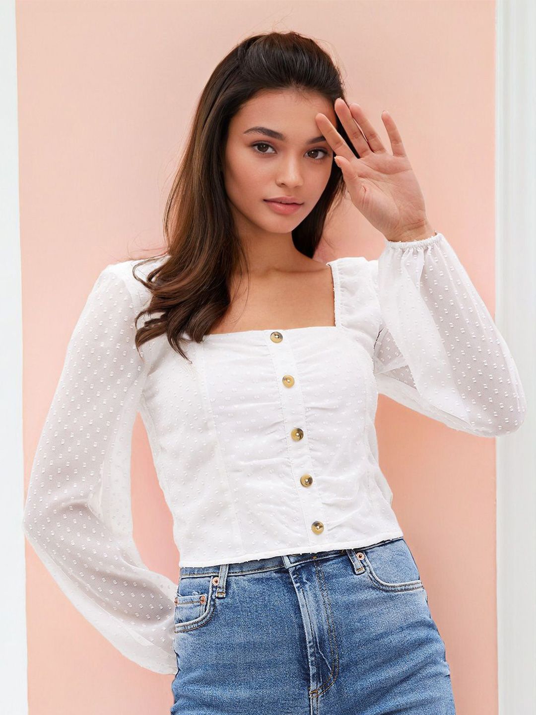 stylecast x slyck White Square Neck Crop Top with Long Sleeves-picture-31