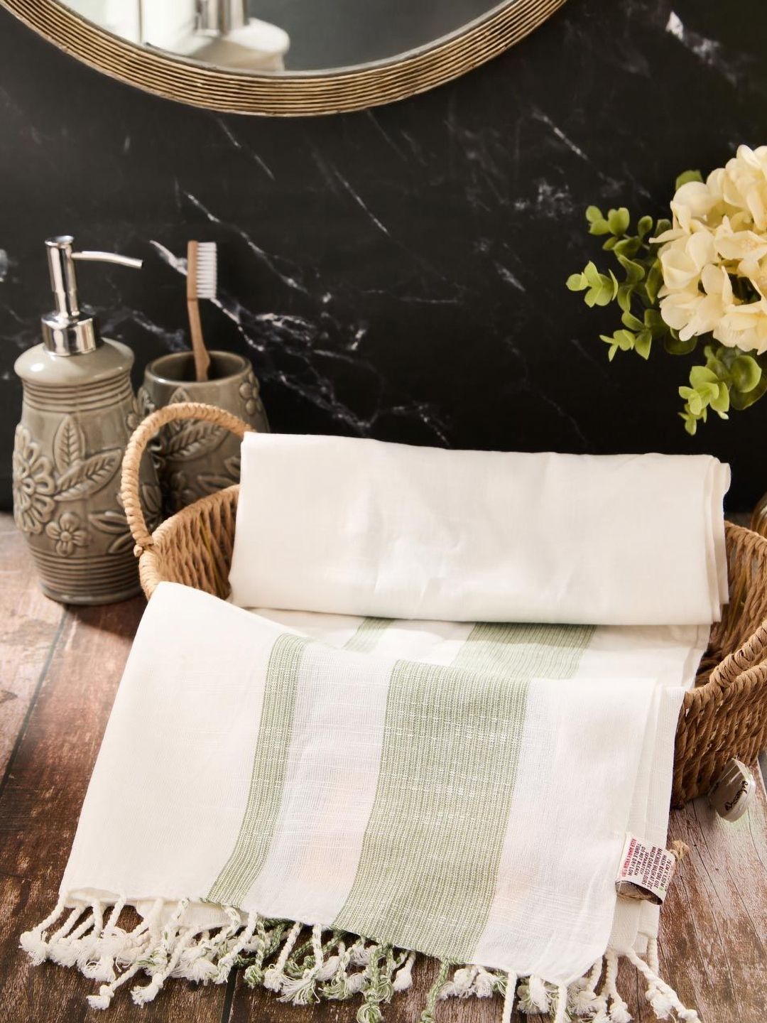 Fabindia White & Green 1 Striped Cotton 125 GSM Bath Towel-picture-18