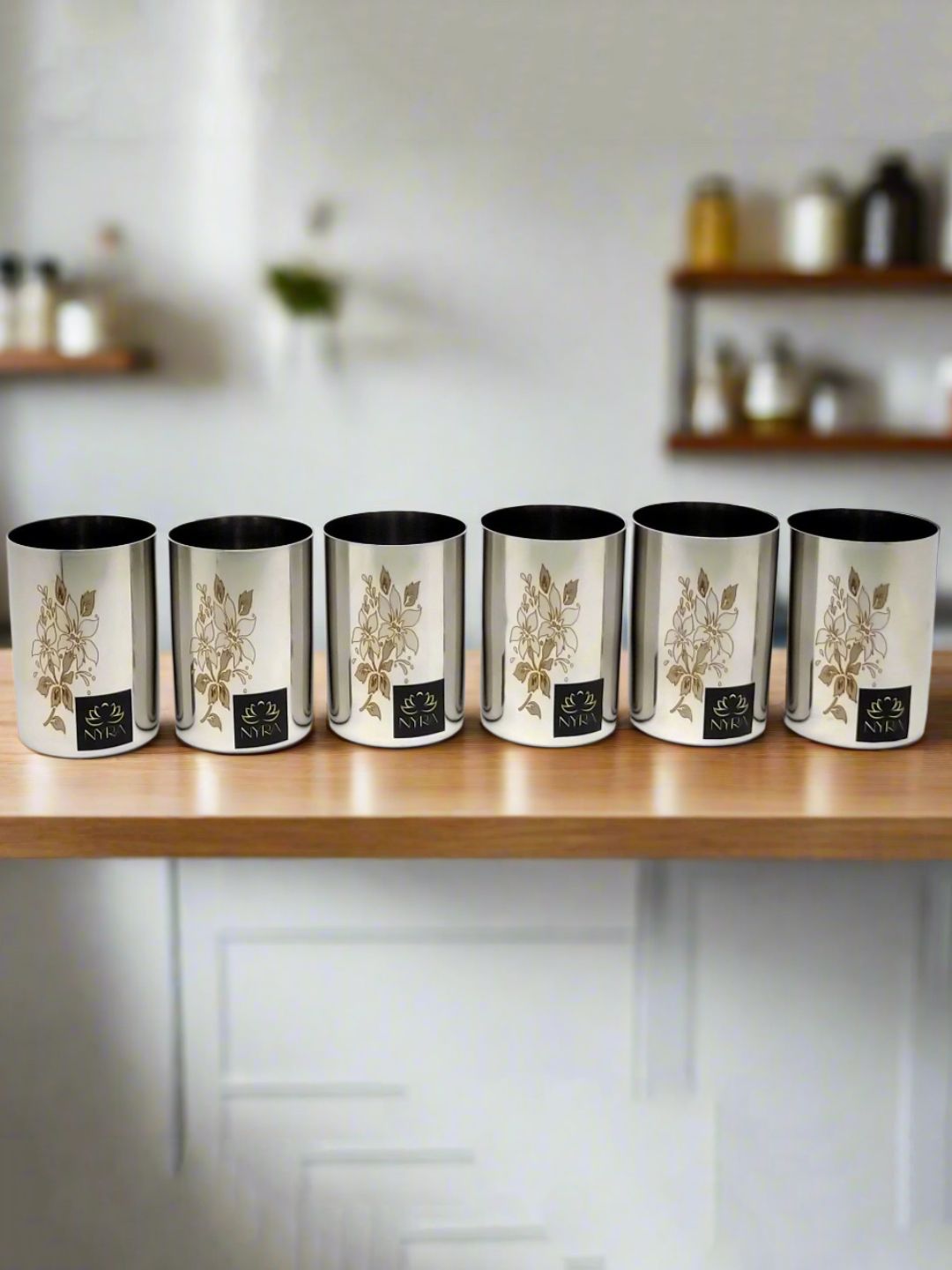 Nyra Kitchenware Silver-Toned 6 Pieces Floral Stainless Steel Water Glasses-300 ml Each-image-35