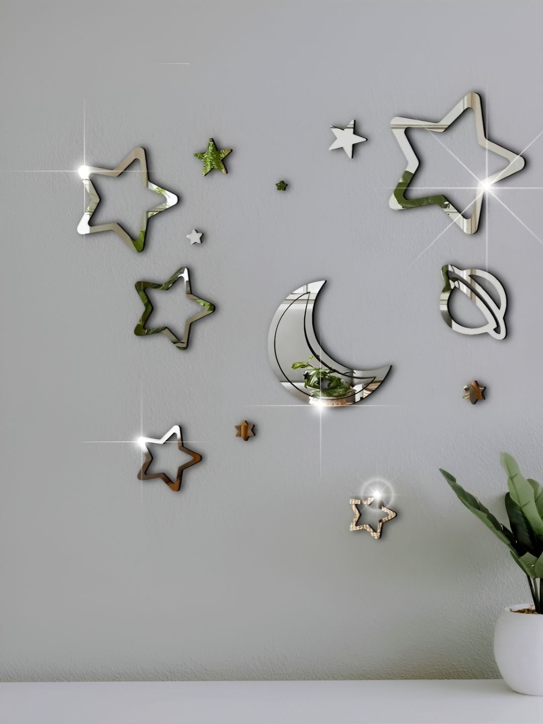 VAH Kya Bat Hai !! 14 - Pcs White Moon Star Galaxy Mirror Stickers for Wall