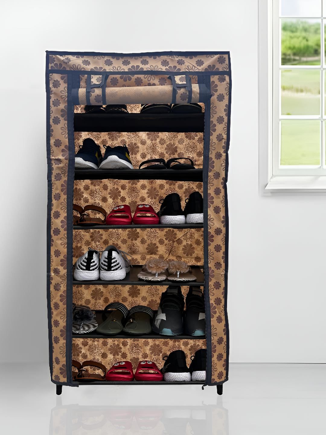 Rmerchants Brown Floral Printed Stainless Steel 6 Shelves Shoe Rack-picture-22