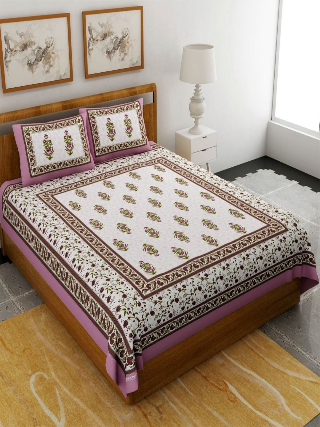 Myntra Elegant Homes Pink & White Ethnic Motifs 120 TC Queen Bedsheet with 2 Pillow Covers-picture-16