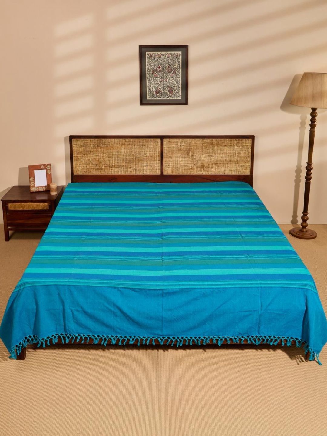 Fabindia Turquoise Blue Woven Cotton Double King Bed Cover-image-3