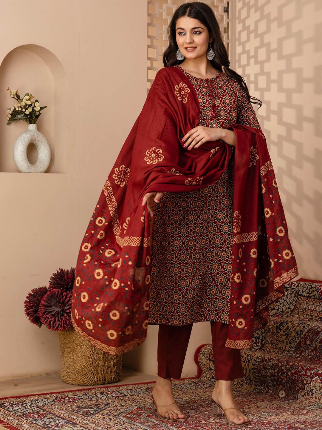 Floral Printed Regular Mirror Work Pure Cotton Kurta With Trousers & Dupatta main image 1