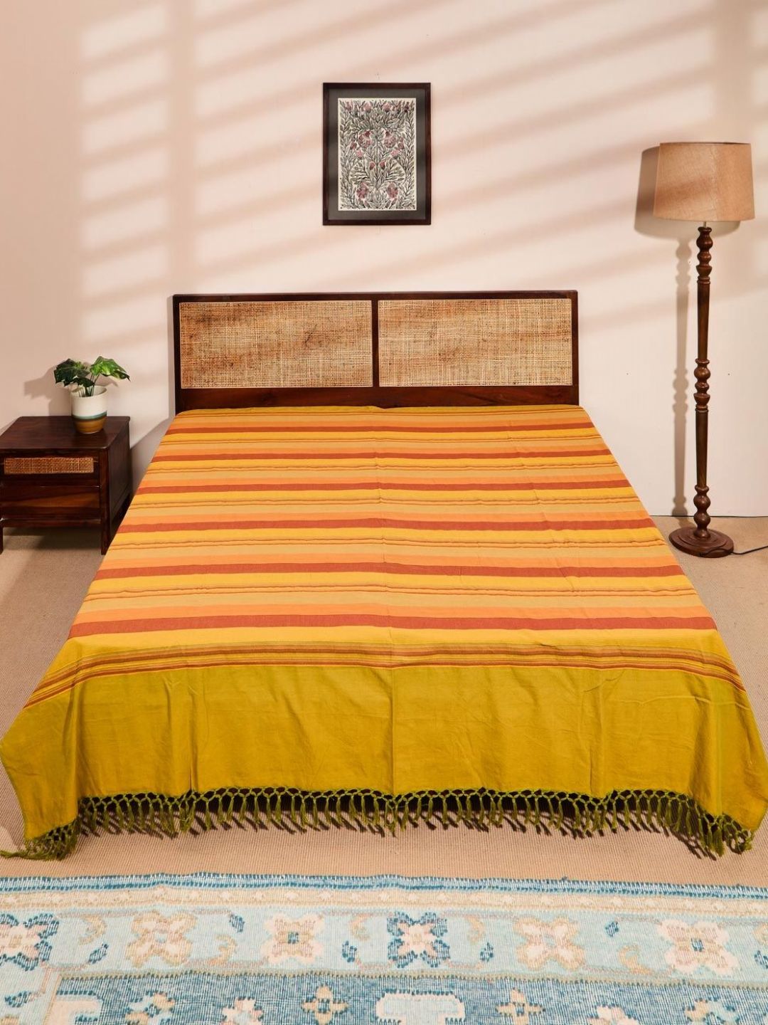 Fabindia Green & Red Striped Cotton Double King Bed Cover-image-17
