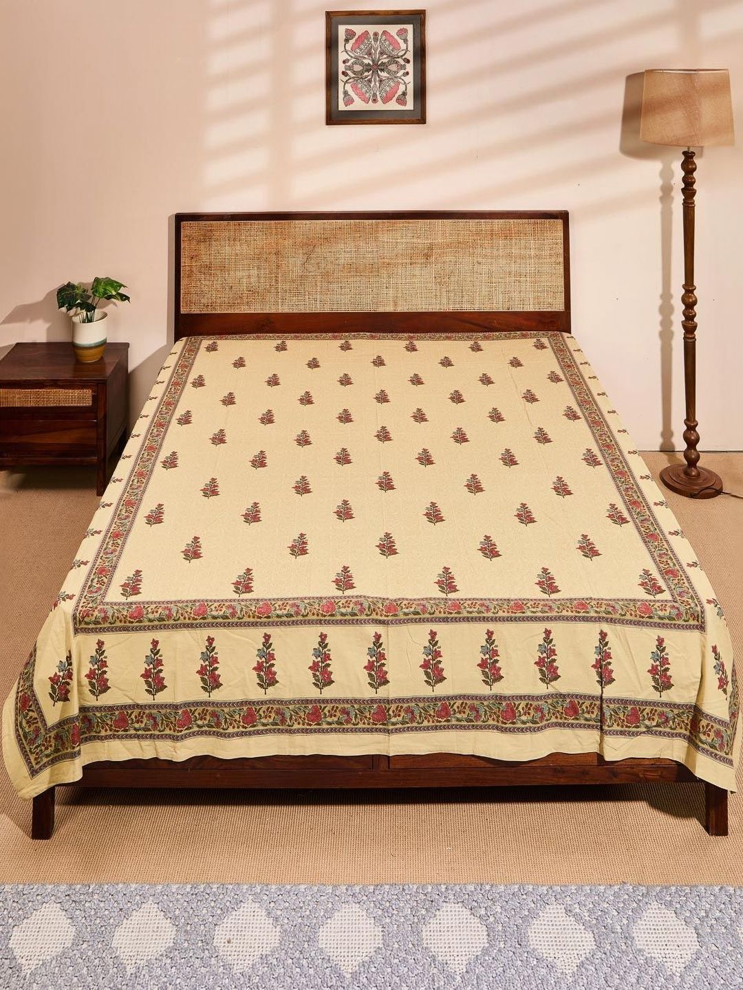 Fabindia Beige & Red Printed Cotton Double King Bed Cover-image-23