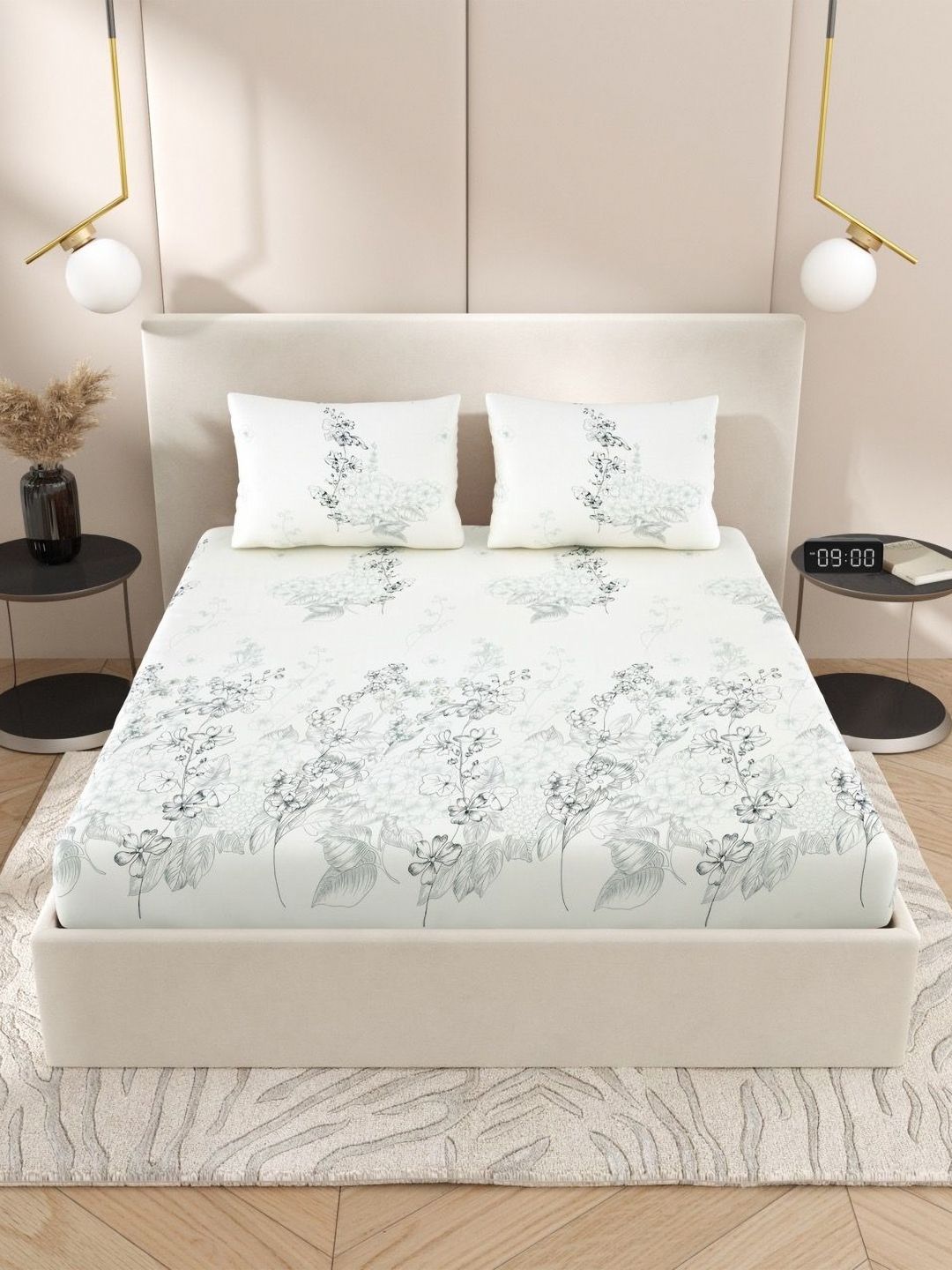 Jaipur Weaves Cream-Coloured & Grey Floral King Bedsheet with 2 Pillow Covers-picture-14