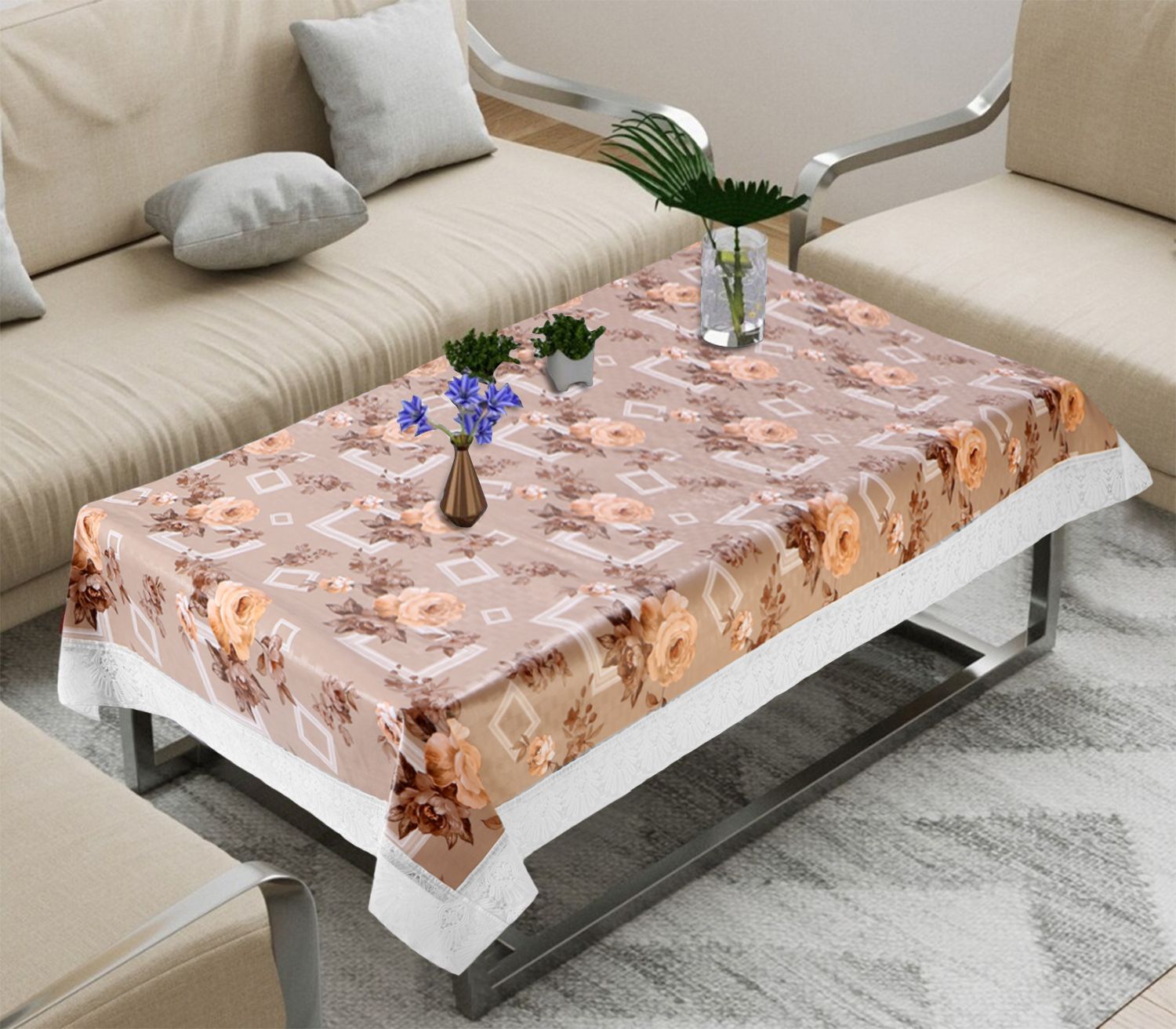 Dakshya Industries Beige Floral Waterproof Plastic 4-Seater Table Cover-picture-30