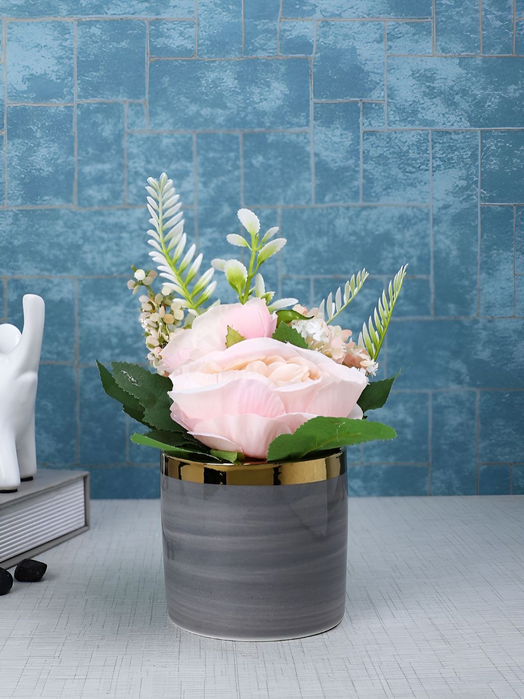 TAYHAA Grey 1 Pieces Rose Artificial Plant With Pot-picture-24