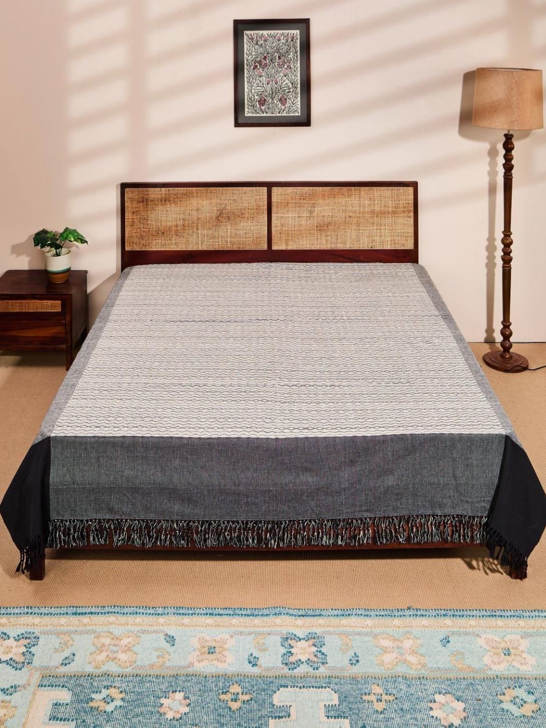 Fabindia Black & White Woven Cotton Double King Bed Cover-image-45