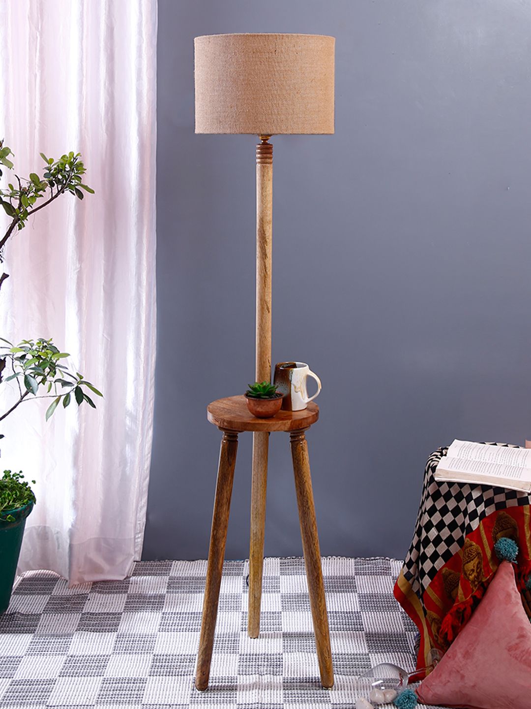 Devansh Brown & Beige Textured Jute Drum Wooden Floor Lamp-picture-33